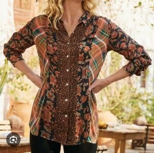 Soft Surroundings Icon Print Mix Tunic Shirt Black Thrush Size Large Bohemian